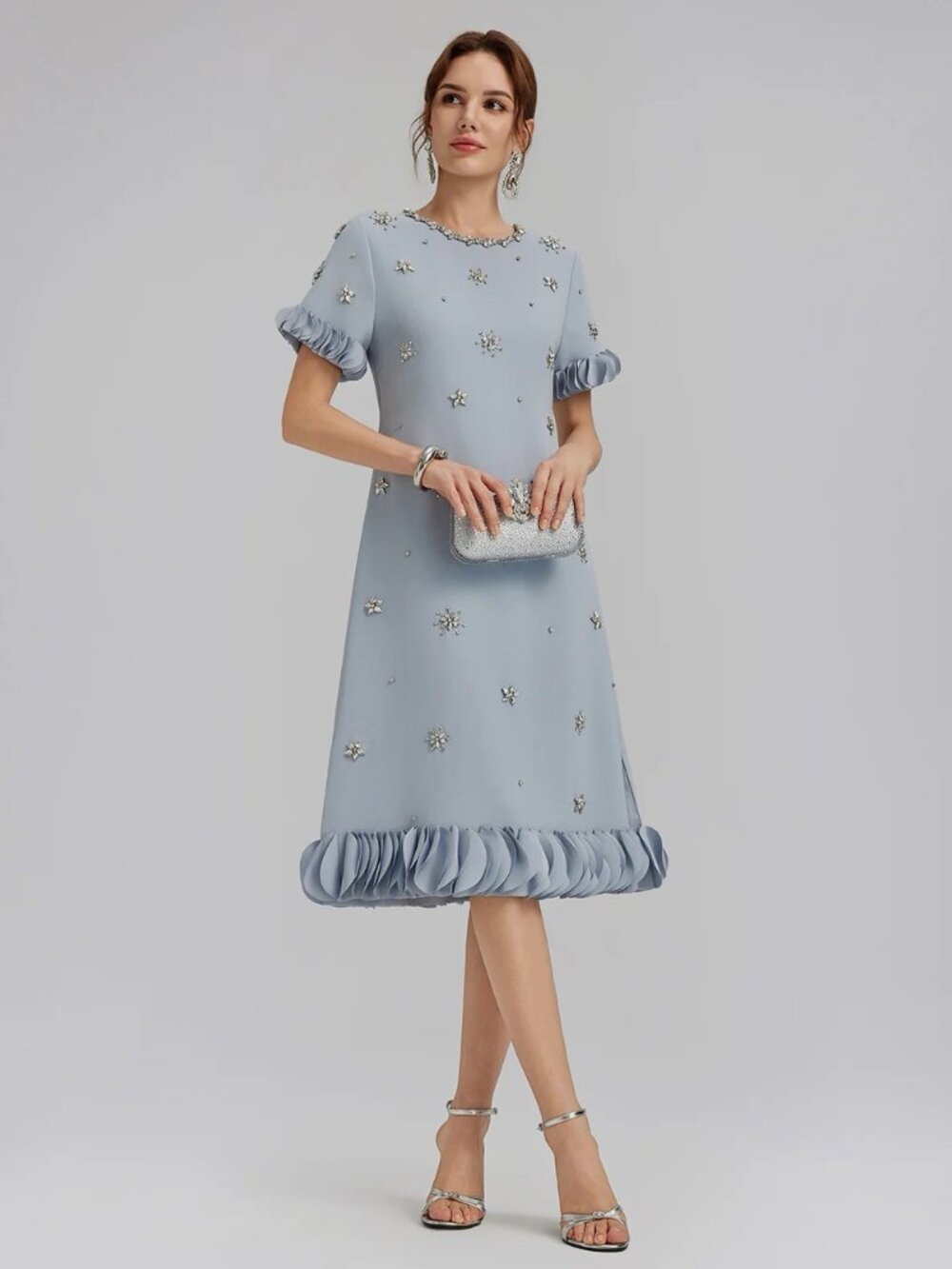 NWT RICH RADI QS Hand-Sewn SILVER Jeweled Floral Petal Trim BLUE Dress Sz M